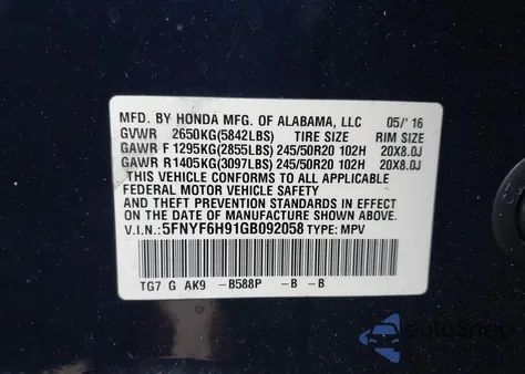 2016 Honda Pilot Touring z USA, uszkodzony, nr VIN 5FNYF6H91GB092058